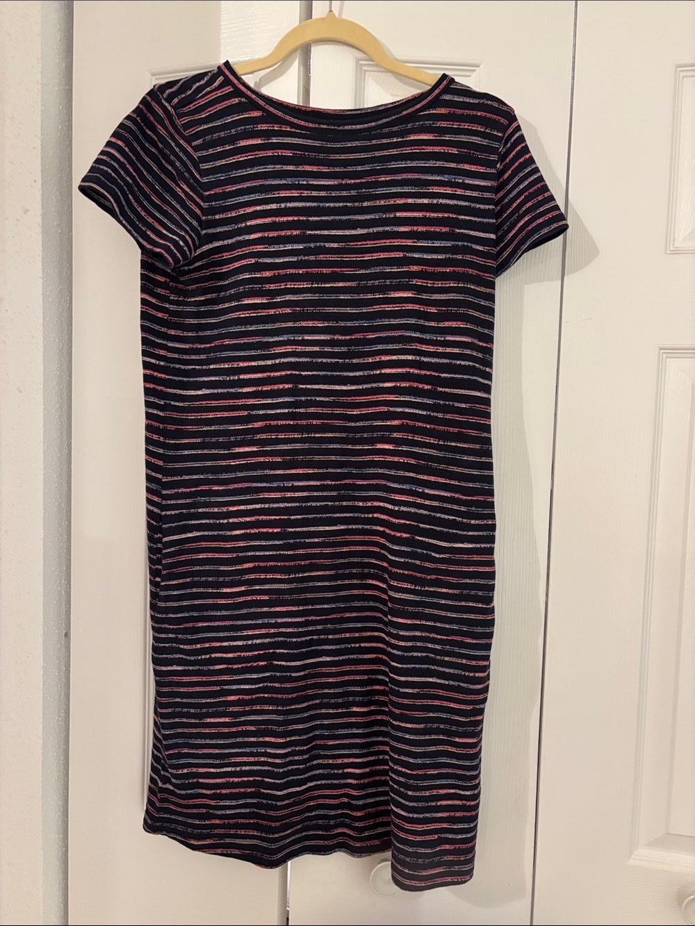 LOFT Petite Striped Short Sleeve Knit Dress - Navy with Pink